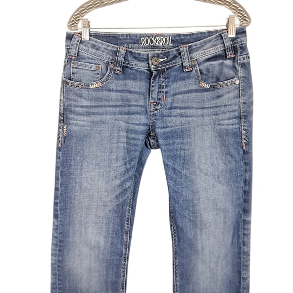 Rock & Roll Cowgirl Jeans Riding 30x28 Boot Western Stone Wash Embroidered Rodeo - Picture 3 of 15